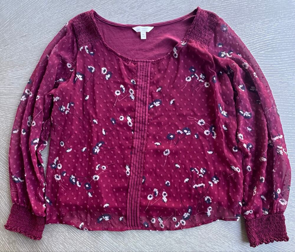 LC Lauren Conrad Burgundy Floral Swiss Dot Sheer Sleeve Blouse Top XL Romantic